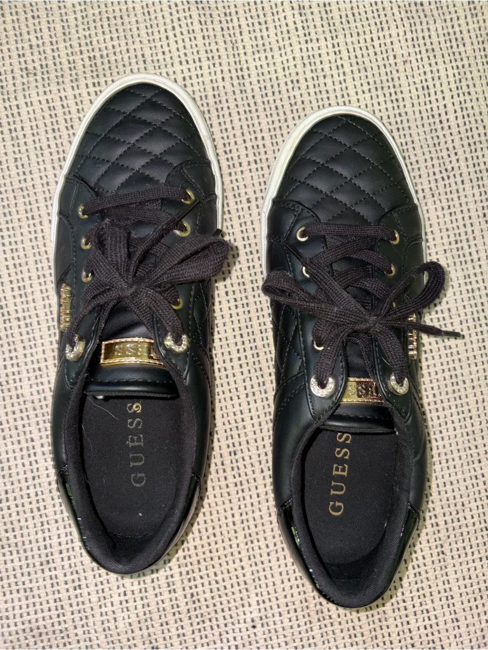 GUESS Black Quilted Sneakers with Gold Hardware